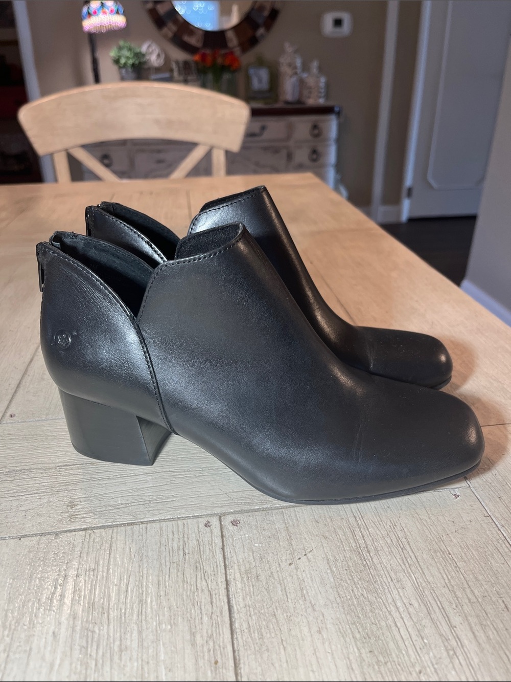 Born Black Leather Low Block Heel Ankle Booties